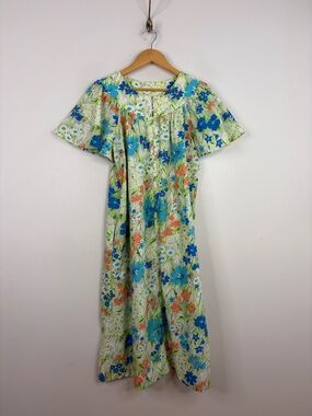 Handmade Housedress Womens Large XL Blue Green Floral Zip Robe Retro 60s Granny